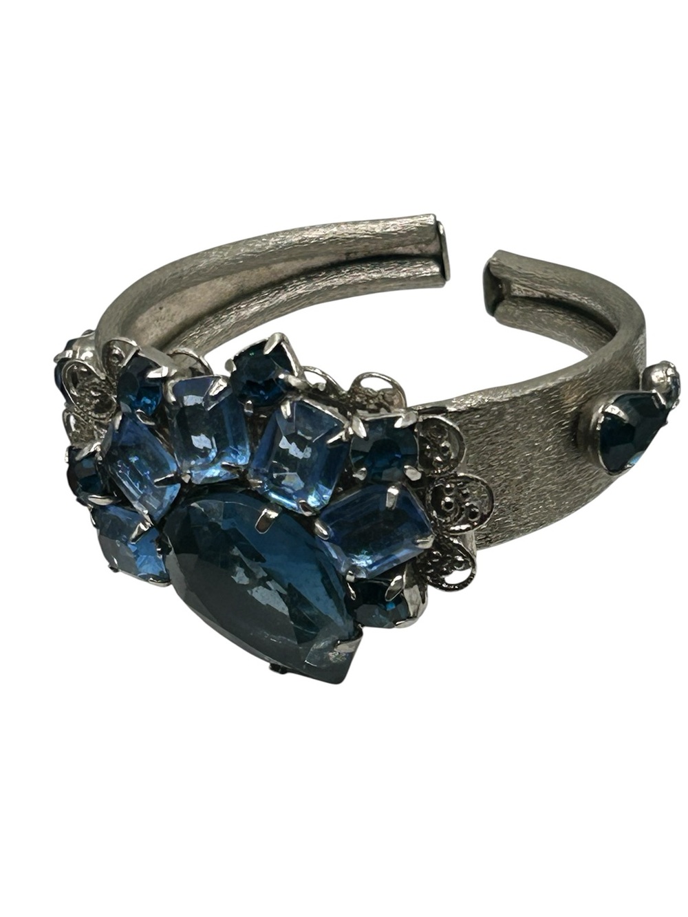 Vintage Blue Rhinestone Bracelet Brushed Silver Tone Metal